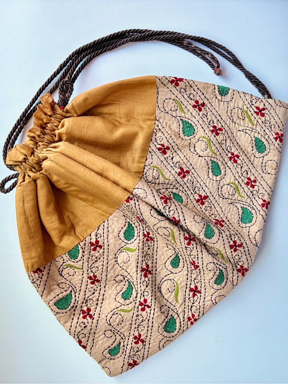 Vintage Indian Bag Potli Drawstring Pouch Kantha Textile Embroidery Storage Sack